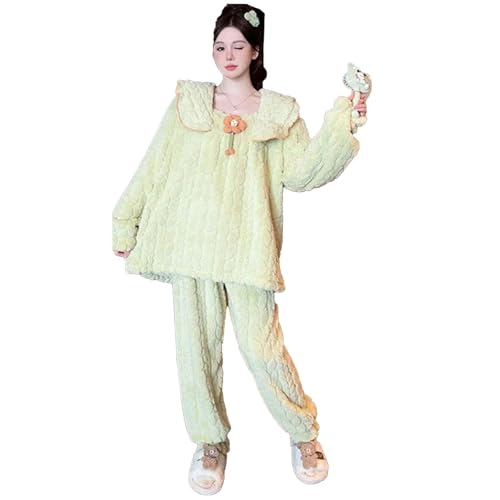 100 Kg Übergroßes Korallen-Fleece-Pyjama-Set Für Damen, Herbst Und Winter, Dick, Warm, Süß, Loungewear, Feste Nachtwäsche, Oberbekleidung,Grün,4XL von yanenrun