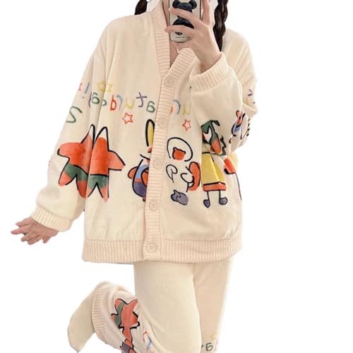 2 Stücke Herbst Winter Frauen Langarm Feste Taste Vorne Flanell Warme Pyjama Sets Drop Schulter Strickjacke Und Hosen,Beige,S von yanenrun