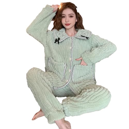 5XL Große Größe Plüsch Pyjamas Damen Winter Korallen Fleece Homewear Langarm Strickjacke Hosen Loungewear Outwear,Grün,L von yanenrun