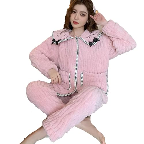 5XL Große Größe Plüsch Pyjamas Damen Winter Korallen Fleece Homewear Langarm Strickjacke Hosen Loungewear Outwear,Rosa,L von yanenrun