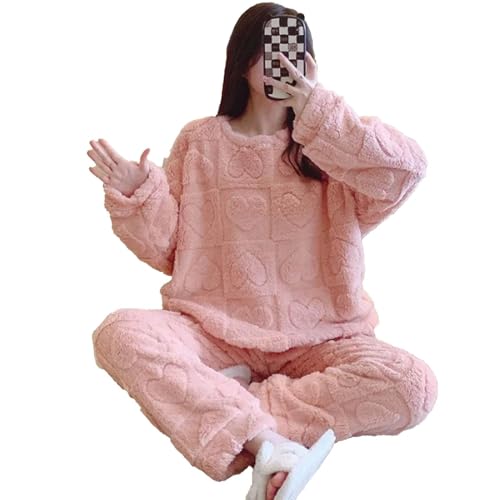 5XL Übergroße Plüsch Pyjamas Set Frauen Korallen Fleece Winter Warme Hause Kleidung Süße Lange Ärmel Verdickte Outwear,Hellorange,M von yanenrun