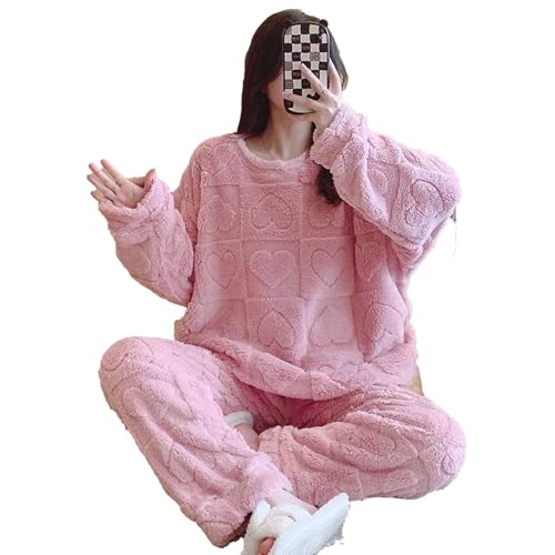 5XL Übergroße Plüsch Pyjamas Set Frauen Korallen Fleece Winter Warme Hause Kleidung Süße Lange Ärmel Verdickte Outwear,Rosa,5XL von yanenrun