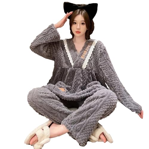 Bean Paste5XL Große Größe Plüsch Pyjamas Set Damen Winter Süße Prinzessin Stil Langarm Mantel Hosen Anzug Loungewear Hause,grau,4XL von yanenrun