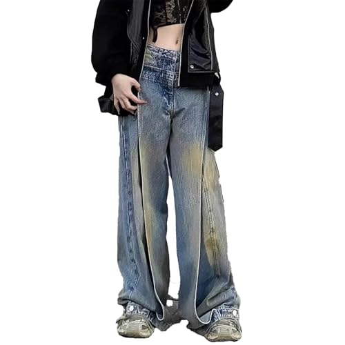 Blaue Jeans Damen Y2K Hip Hop Vintage Jeans Mit Hoher Taille Streetwear Casual Lose Große Größe Weites Bein Jeanshose,Blau,3XL von yanenrun