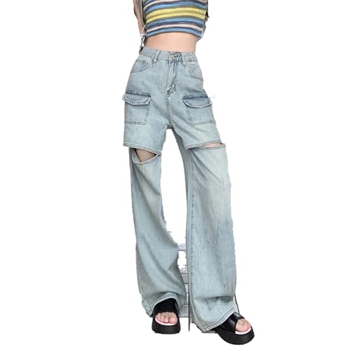 Damen Blue Cargo Jeans Harajuku Oversize Baggy Denim Hose Y2k Hollow Out Wide Jean Hose Vintage 2000er Jahre Kleidung,Blau,L von yanenrun