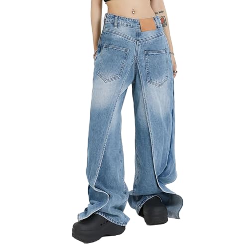 Damen-Jeans, Sowohl Auf Der Vorder- Als Auch Auf Der Rückseite Tragbar, Hoch Taillierte Dekonstruierungshose, Weibliche Lockere Retro-Denim-Hose,BLAU,M von yanenrun