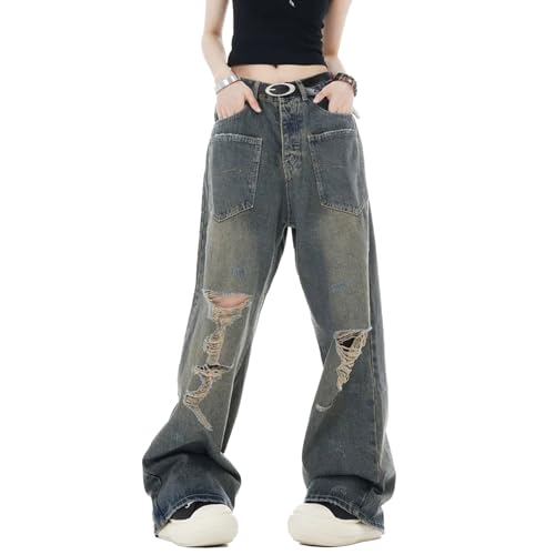 Damen Jeans Mit Lockerer, Gerader Und Weitem Bein, Cooles Mädchen, Street Fashion, Distressed-Hosen, Weibliche Denim-Hose Mit Hoher Taille,Retro-Blau,XXL von yanenrun