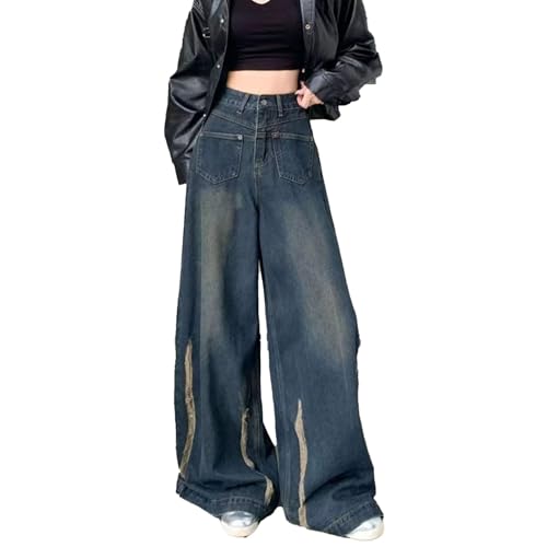 Damen-Jeans Mit Vordertasche, Hohem, Weitem Bein, Sommer-Street-Style, Baggy-Bottom, Freizeithose, Weibliche Hose,Blau,XXL von yanenrun