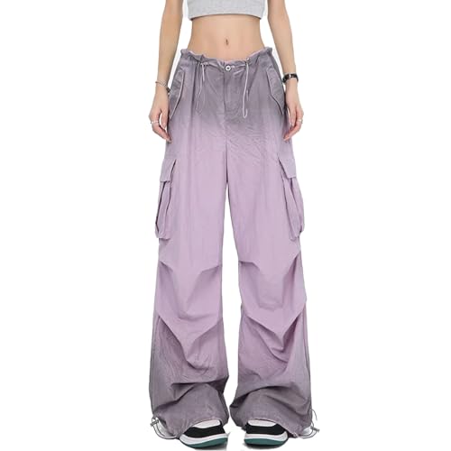 Damen Lila Cargohose Baggy Streetwear Ästhetische Harajuku 2000er Y2k Farbverlauf Fallschirmhose Vintage Hose Kleidung,Lila,XL von yanenrun