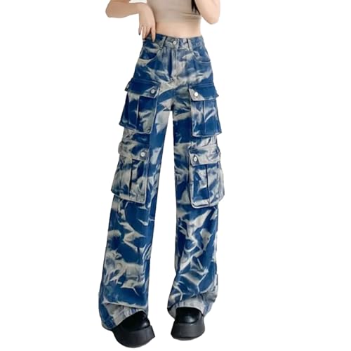 Damen Tie Dye Camouflage High Waist Vintage Straight Baggy Pants Streetwear Design Sense Fashion Wide Leg Hose,Blau,XL von yanenrun