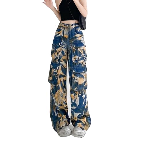 Damen Tie Dye Camouflage High Waist Vintage Straight Baggy Pants Streetwear Design Sense Fashion Wide Leg Hose,Gelb,XL von yanenrun