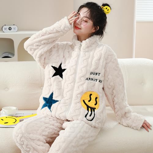 Frauen Pyjamas Set Winter Flanell Verdickt Stehkragen Zipper Korallen Plüsch Nachtwäsche Hause Tragen Anzug Pyjama Femme,Weiß 1,XXL von yanenrun