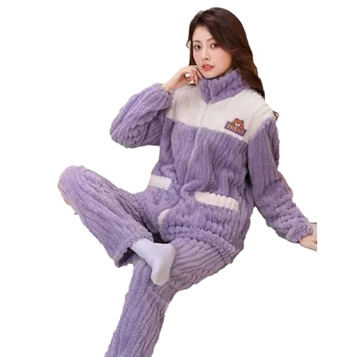 Frauen Pyjamas Set Winter Verdickt Warme Korallen Fleece Nighty 2 Teile/Satz Loungewear Flanell Hause Kleidung Weibliche Nachtwäsche,Lila,L von yanenrun