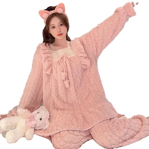 Frauen Winter Warme Nachtwäsche Pyjamas Set Nachtwäsche Flanell Pyjama Sets Pullover Nacht Tragen Hause Kleidung 6XL Große Größe Sets,Rosa,L von yanenrun