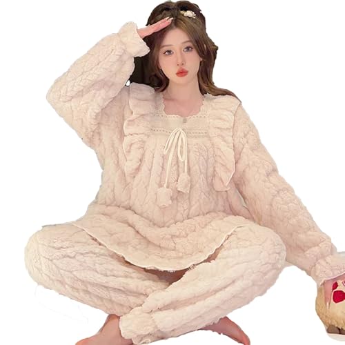 Frauen Winter Warme Nachtwäsche Pyjamas Set Nachtwäsche Flanell Pyjama Sets Pullover Nacht Tragen Hause Kleidung 6XL Große Größe Sets,Weiß,M von yanenrun