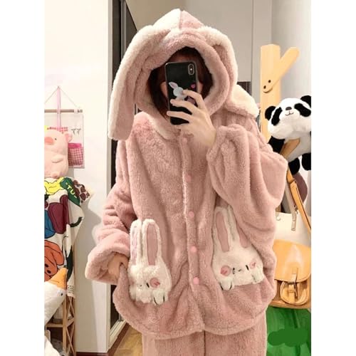 Kaninchen Korallen Fleece Pyjama Frauen Winter Nachtwäsche Fleece Dick Niedlich Flanell Loungewear Set Runde Kapuze Homewear,Rosa,L von yanenrun