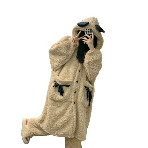 Korallen Samt Pyjama Sets Frauen Mit Kapuze Süße Mädchen Nachtwäsche Harajuku Weiche Dicker Warme Lange Tops Schöne Homewear Pelzigen,Khaki,L von yanenrun