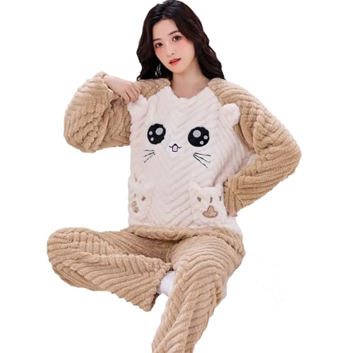 Marke Druck Herbst Winter Warme Nachtwäsche Sets Frauen Pyjamas Set Große Größe Koreanische Mit Kapuze Zipper Tasche Dicke,Khaki,XL von yanenrun