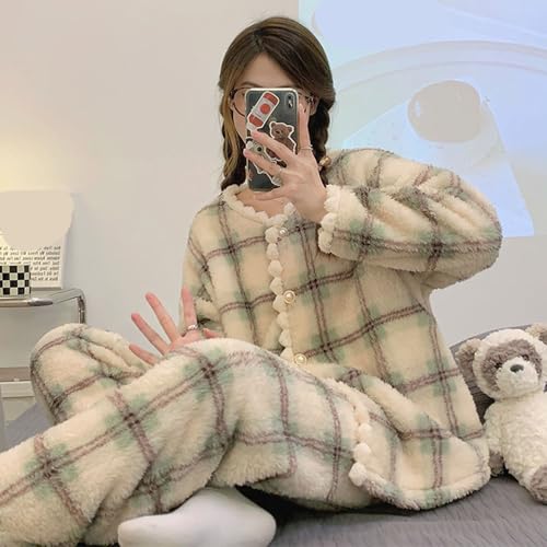 Plaid Nachtwäsche Frauen Pyjama Set Winter Rüschen Piiama Hosen Warme 2 Stück Flauschigen Knopf Nacht Trägt Pyjama Hause Tragen,Grün,XL von yanenrun