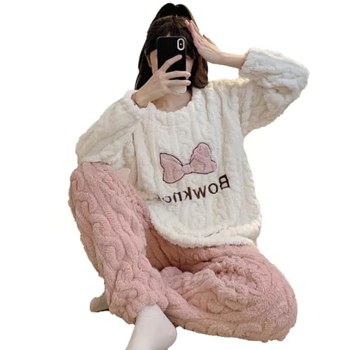 Plüsch Pyjamas Damen Winter Süße Schleife Zwei Stücke Loungewear Langarm Pullover Hosen Außerhalb Hause Kleidung,Rosa,3XL von yanenrun