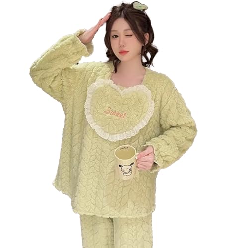 Plus Größe 5XL Frauen Winter Warme Korallen Fleece Pyjamas Sets Langarm Top Hosen Anzug Nachtwäsche Weiche Flanell Hause,Grün,M von yanenrun