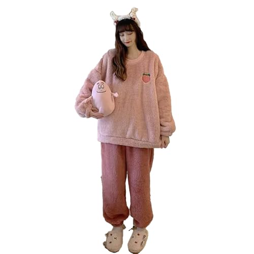 Pyjama Sets Frauen Winter Flanell Warme Obst Gedruckt Süße Rosa Kawaii Frauen Pijamas Nachtwäsche Freizeit Einfache Pyjama Homewear,Rosa,L von yanenrun