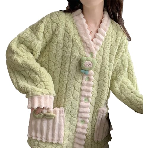 Stil Pyjama Dame Herbst Winter Verdickte Samt Koralle Nette Kleine Duft Mädchen Flanell Warme Komfort Hause Anzug Set,Grün,XL von yanenrun