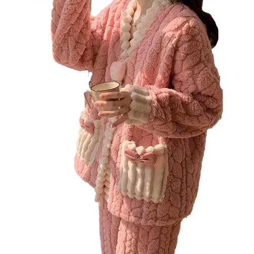 Stil Pyjama Dame Herbst Winter Verdickte Samt Koralle Nette Kleine Duft Mädchen Flanell Warme Komfort Hause Anzug Set,Rosa,XL von yanenrun