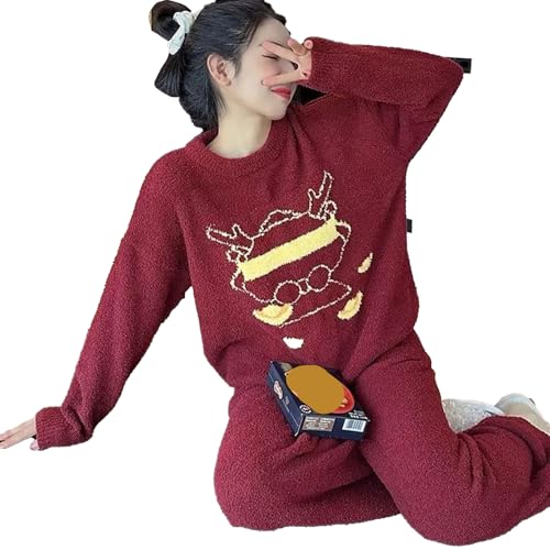 Warme Pyjama-Sets Für Damen, Bequem, Langärmelig, Bedruckt, Jacquard, Verdickt, Lockerer Fleece-Pullover, 2-teiliges Set, Rot,Rot 1,M von yanenrun