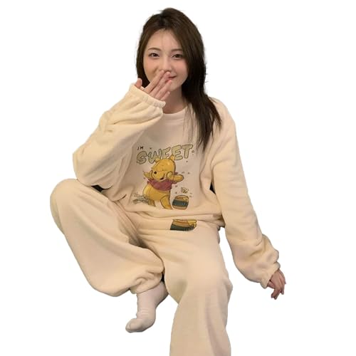 Winnie The Pooh Pyjama Herbst Und Winter Korallenvlies Verdicktes Fleece Warmes Zweiteiliges Loungewear-Set Für Damen,Weiß,M von yanenrun