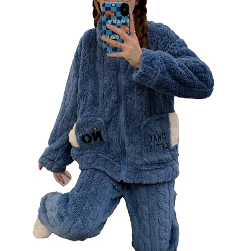 Winter Frauen Warme Pyjama Hause Kleidung Anzug Damen Flanell Nachtwäsche Verdicken Korallen Fleece Pijamas Zipper Plüsch Lounge Tragen,Blau,L von yanenrun