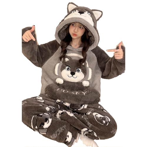 Winter Nachtwäsche Frauen Set Fleece Samt Niedlichen Panda Hause Anzug Plüsch Mit Kapuze Warme Nacht Tragen Homewear Pijama,Grau 1,XXL von yanenrun