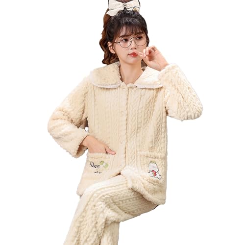 Winter Verdicken Warme Korallen Samt Pyjama Für Frauen Lange Ärmeln Revers Flanell Verdickt Niedlichen Cartoon Homewear Pyjama Femme,Beige,L von yanenrun