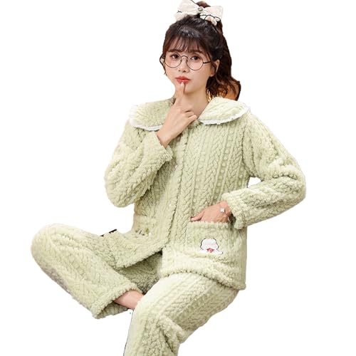 Winter Verdicken Warme Korallen Samt Pyjama Für Frauen Lange Ärmeln Revers Flanell Verdickt Niedlichen Cartoon Homewear Pyjama Femme,Grün,XXL von yanenrun