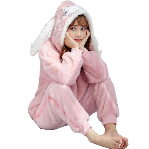 Winter Warme Pyjamas Set Casual Homewear Pijama Set Verdickte Flanell Samt Cartoon Kaninchen Mit Kapuze Lose Pyjamas Set,Rosa,M von yanenrun