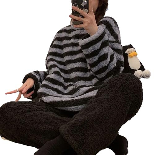 yanenrun 2 Teile/Satz Frauen Herbst Und Winter Pyjamas Gepolstert Und Verdickt Warme Korallen Fleece Student Pyjamas Waschlappen Gestreiften Homewear Set,Schwarz,XXL von yanenrun