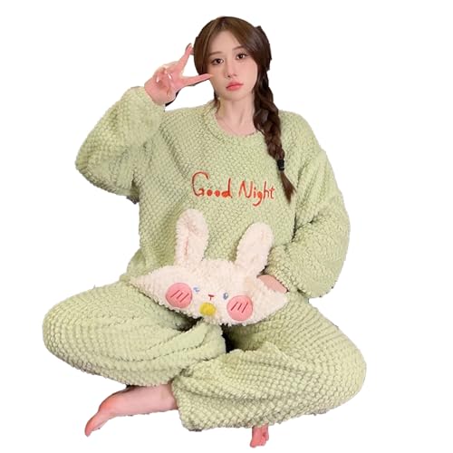 yanenrun 5XL Plus Größe Verdickt Warme Frauen Pyjamas Set Winter Korallen Flanell Weiche Homewear Süße Cartoon Außerhalb Tragen Pjs,Grün,L von yanenrun