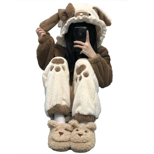 yanenrun Cartoon Pyjama Sets Frauen Nette Mit Kapuze Korallen Samt Dicker Winter Warm Halten Homewear Süße Harajuku Damen Bequeme Ins Täglichen,dickeres Braun,XL von yanenrun