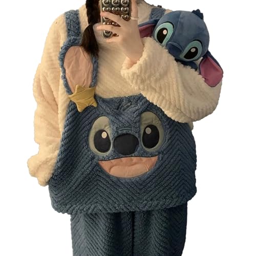 yanenrun Cartoon Stich Niedliche Plüsch Pyjamas Anzug Y2k Paar Luxus Design Pullover Tops Hosen 2 Stück Set Frauen Weiche Nachthemd,Blau,L von yanenrun