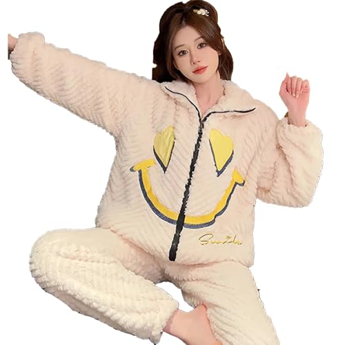 yanenrun Casual Lose Zipper Große Größe 5XL Frauen Nachtwäsche Sets Winter Verdicken Warme Jacquard Flanell Pyjama Set Cartoon Bär Pijama,Weiß,L von yanenrun