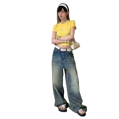 yanenrun Damen Gewaschene Vintage Freizeithose Weiblich High Street Retro High Waist Trashy Jean Y2K Baggy Hellblau 2000er Denim Hose,Blau,M von yanenrun