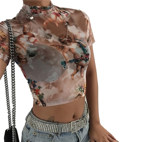 yanenrun Engel Print Mesh Sexy T Shirt Crop Top High Neck Kurzarm Graphic Tees Frauen Streetwear Harajuku Shirts,Khaki,S von yanenrun