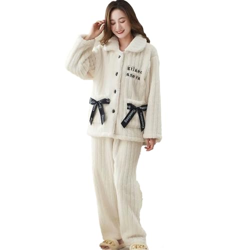 yanenrun Flanell Pyjamas Frauen Herbst Winter Homewear Dicken Korallen Samt Loungewear Zwei-stück Anzüge Warme Strickjacke Hause Kleidung,Weiß,XXL von yanenrun