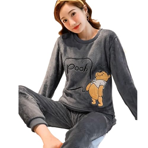 yanenrun Flanell-Pyjamas Für Damen, Verdickter, Warmer Cartoon-Bären-Schul-Homewear-Langarm-Hosen, Kann Draußen Getragen Werden,Grau,XL von yanenrun