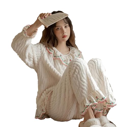 yanenrun Frauen Feste Warme 2 Stück Sets Verdicken Samt Rippen Fleece Set Pullover Und Hosen Frauen Casual Pyjama Sets,Weiß,L von yanenrun