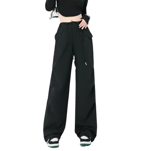 yanenrun Frauen High Street Casual Overalls 2000S Einfarbig Lose Breite Bein Hosen Retro Punk Y2k Kordelzug Cargo,Schwarz,L von yanenrun