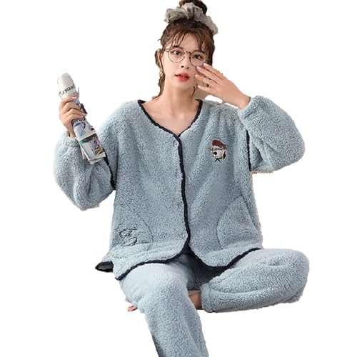 yanenrun Frauen Pyjama Sets Warme Plus Samt Verdickung Flanell Weiche Solide Einfache Lose Elegante Trendy Weibliche Süße Freizeit Homewear Pjs,Blau,M von yanenrun