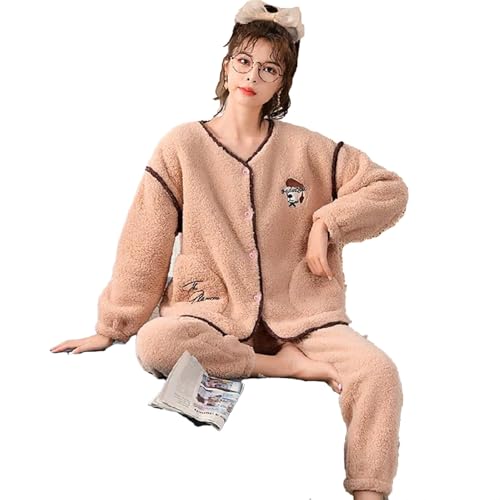 yanenrun Frauen Pyjama Sets Warme Plus Samt Verdickung Flanell Weiche Solide Einfache Lose Elegante Trendy Weibliche Süße Freizeit Homewear Pjs,Heller Kaffee,XL von yanenrun