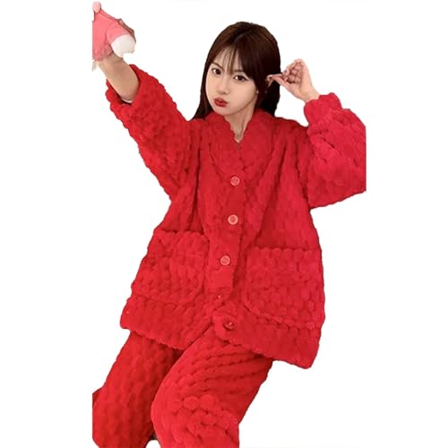 yanenrun Frauen Winter Warme Nachtwäsche Pyjamas Set Flanell Pyjama Nachtwäsche Hause Kleidung Samt Korallen Fleece Plus Größe Homewear,Rot,5XL von yanenrun