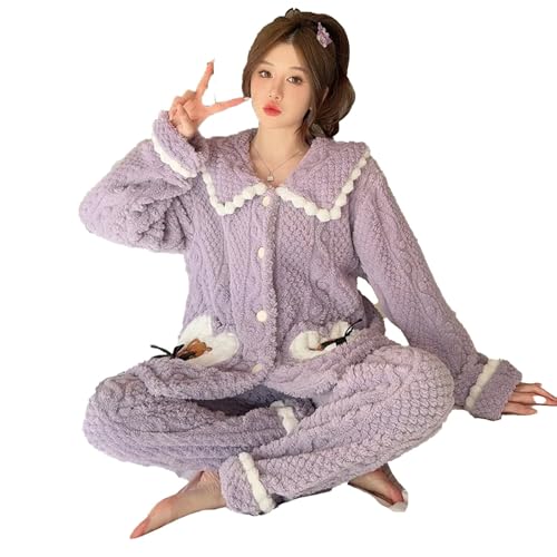 yanenrun Frauen Winter Warme Pyjamas Verdickte Korallen Plüsch Mädchen Loungewear Sets Cartoon Schlaf Kleidung Flanell Homewear Anzug,lila,5XL von yanenrun